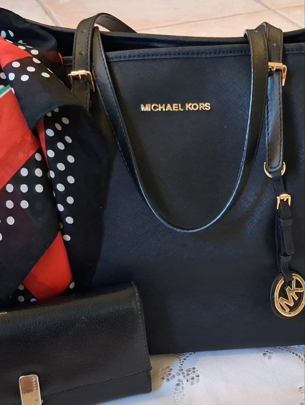 Michael Kors Black Leather Tote with Gold Accents, Liz Wallet and Scarf